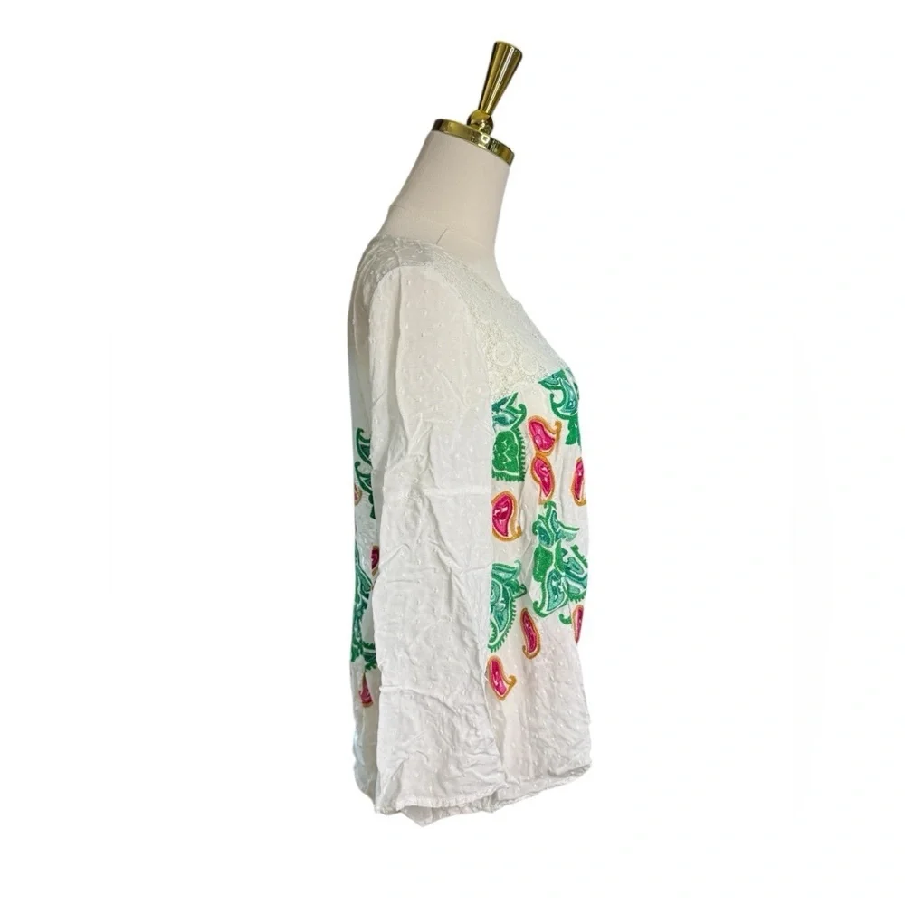 Boho White Embroidered Blouse with Green & Pink Paisley Motifs Lace Top Size M